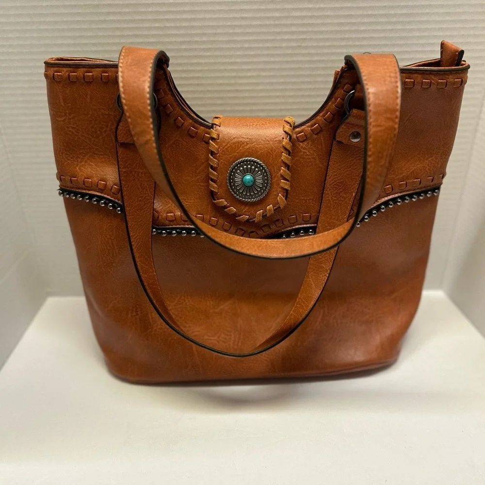 Sam & HadleyWestern Cognac Faux Leather Shoulder Bag Turquoise Whipstitch Tote